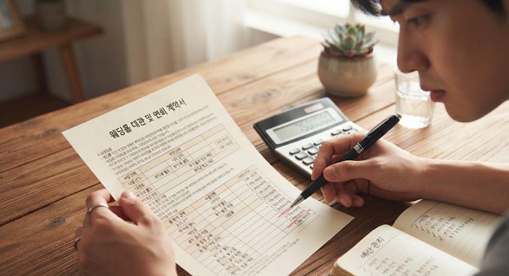계산기와 함께 세부 견적 항목이 적힌 웨딩홀 계약서를 클로즈업한 컷