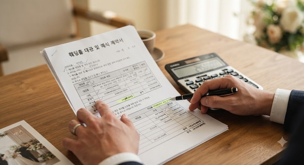 우드톤 책상 위에 놓인 계산기와 세부 항목이 빽빽하게 적힌 웨딩홀 계약서를 꼼꼼하게 검토하고 있는 예비신랑의 손과 펜 클로즈업 사진